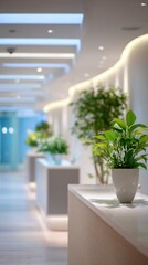 Bright Modern Office Lobby With Green Plants, White Surfaces, and Soft Lighting Creating a Calm and Welcoming Interior for Corporate Spaces