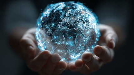 A person cradles a radiant blue digital globe in their hands, representing the intersection of technology and global connection in a futuristic and innovative world.