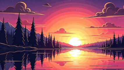 Serene Mountain Lake Illustration with Evergreen Trees at Sunset