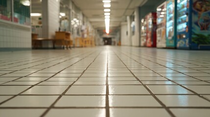 Empty Hallway With White Tile Floor and Vending Machines, Bright Indoor Corridor Seen From Low Angle Perspective, Quiet, Modern, Minimal Atmosphere