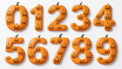Halloween numbers from 0 to 9 made of pumpkins with carved faces. Festive orange digits ideal for spooky decorations, seasonal design and holiday graphics.