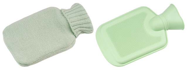 Green rubber hot water bottle for heat therapy and warming. Reusable household heating pad for pain relief, cold weather comfort, relaxation, healthcare. Winter warmth and personal care product design © artiom.photo