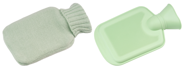 Green rubber hot water bottle for heat therapy and warming. Reusable household heating pad for pain relief, cold weather comfort, relaxation, healthcare. Winter warmth and personal care product design