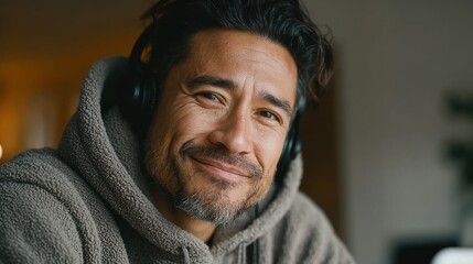 Freelancer working with headphones while smiling at the camera indoors