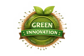Green innovation badge featuring two leaves at the top and text, symbolizing sustainable development, ecology, and eco-conscious solutions