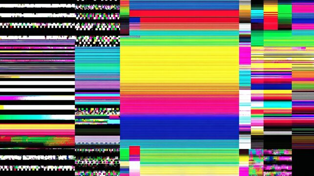 A distorted digital image with vibrant colors and stripes, representing a glitch in technology or a malfunction in a digital system.