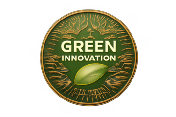 Green innovation emblem presenting a vibrant leaf and text within a textured circle, representing sustainability and environmental concepts