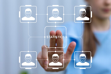 Young girl using virtual touch screen presses the word STATISTICS. Statistics Information Research Education Business Concept. Reports analysis.