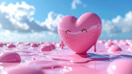 ピンクのチョコレートの海から出てきたピンクのハートのチョコレート