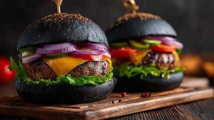 A mouth-watering close-up of two black burgers on a wooden board, topped with cheese, lettuce, tomato, and onion, set against a dark and blurry background.