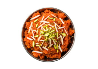 carrot halwa in a bowl with pistachio slivers, indian dessert