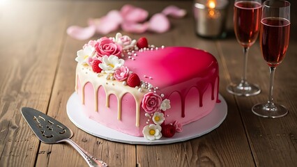 Elegant heart-shaped cake with pink glaze, flowers, and champagne, ready for a special occasion