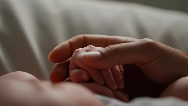 Gentle mother hand holding and touching tiny newborn fingers in a soft cinematic macro shot, portraying concepts of parental love, care, and family bonding.