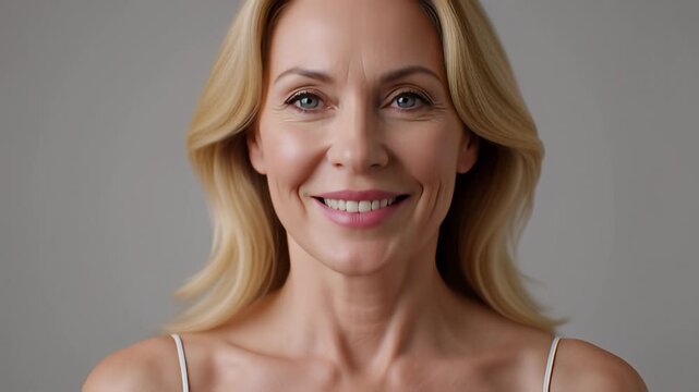 Beautiful blonde mature woman touching her skin and smiling in soft studio light, illustrating anti-aging skincare and natural beauty concepts