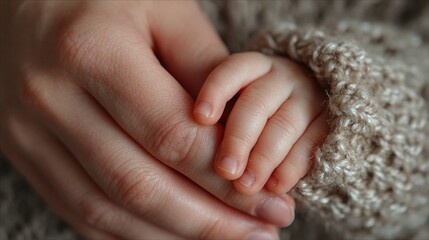 Mother holds baby's hand in a warm moment of connection and love at home during the day