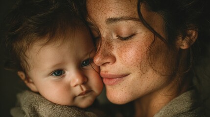 Mother holds baby close while sharing a moment of connection indoors in soft light