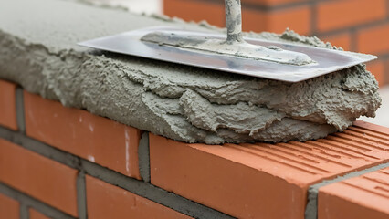Fresh mortar and trowel on bricks, close-up of wall construction