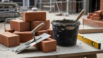 Building materials and tools: Bricks, mortar, trowels, and spirit level on a construction site table