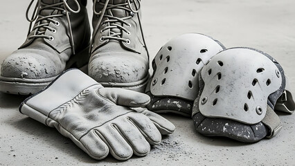 Construction Safety Gear: Work Boots, Protective Gloves, and Knee Pads on Concrete Surface