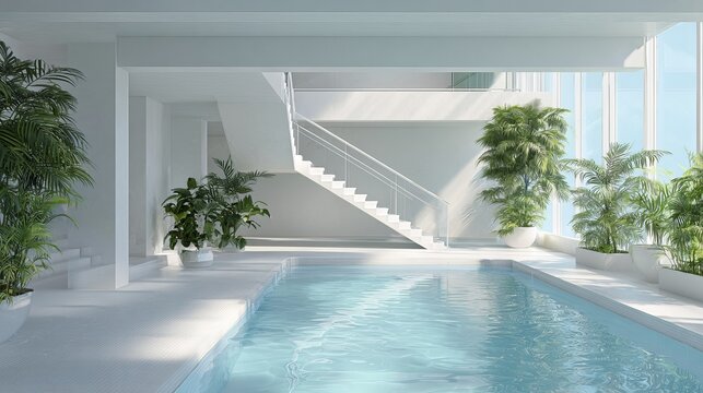 A tranquil indoor pool scene with crystal-clear water, surrounded by vibrant greenery and sleek modern architecture, perfect for relaxation and wellness.