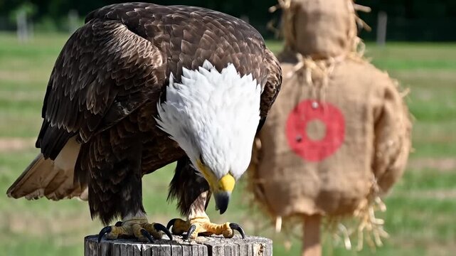 Bald Eagle Perching on Tree Stump Looking Down at Its Talons