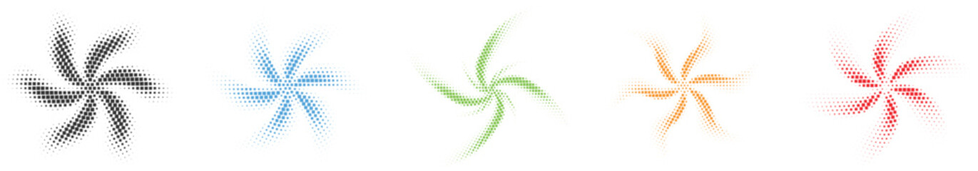 Set of black halftone spiral star shapes and dotted swirl design elements vector illustration