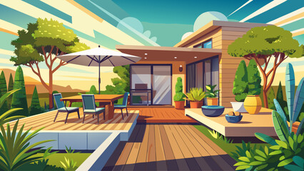 Fototapeta premium Modern house backyard with wooden deck, minimal plants, and outdoor dining area