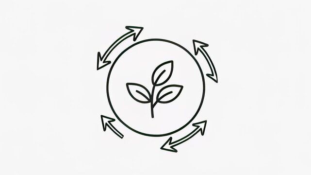 Rotating arrows circling a plant leaf in a hand drawn line art animation on white paper texture, illustrating regenerative agriculture and sustainability cycles.