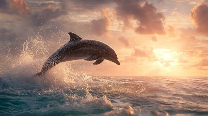 Obraz premium A stunning image of a dolphin jumping out of the ocean with a beautiful sunset in the background, creating a sense of serenity and wonder.