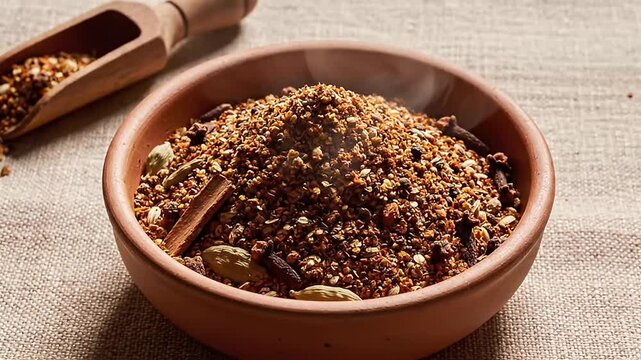 Fresh Garam Masala spice poured into a terracotta bowl macro shot