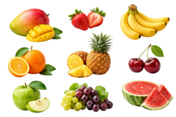 Png collection of fresh fruits including mango, strawberries, pineapple, bananas, and more isolated on transparent background. concept of healthy snacks, natural ingredients, fruit variety