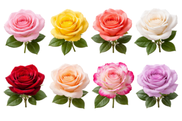 Png collection of colorful roses on white isolated on transparent background. concept of floral diversity, elegant blooms, spring botanical illustration