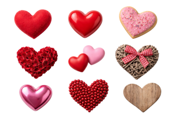 Png collection of hearts including roses, ribbons and wooden textures isolated on transparent background. concept of romantic decor, valentine's day, love element design