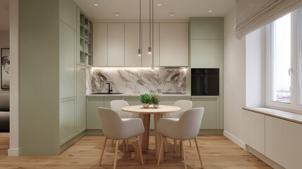 Modern kitchen with dining area and marble backsplash