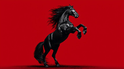 Powerful black horse rearing on red background