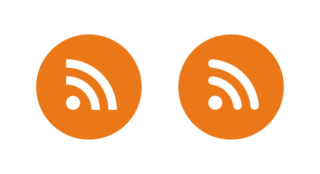 RSS feed icon in orange circle. News update, blog subscription, and content syndication symbol