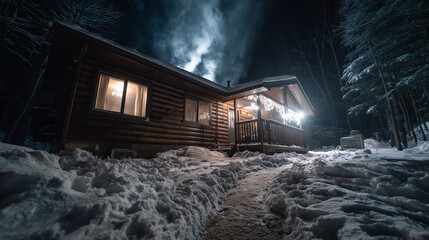 Cozy log cabin at night with smoke rising from chimney