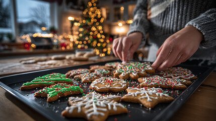 Decorating festive Christmas gingerbread cookies with sprinkles