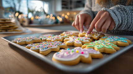 Hands decorating festive gingerbread cookies on baking sheet