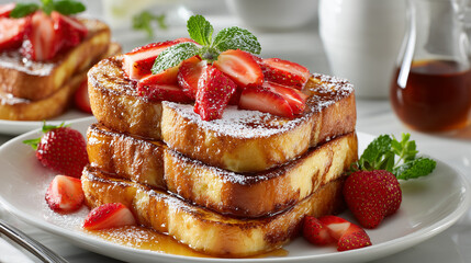 Stack of strawberry French toast with syrup and mint