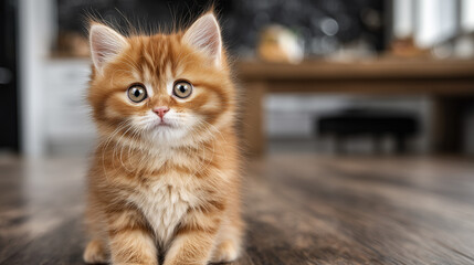 Cute orange kitten looking directly at camera indoors