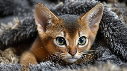 Curious Abyssinian kitten peeking from cozy blanket