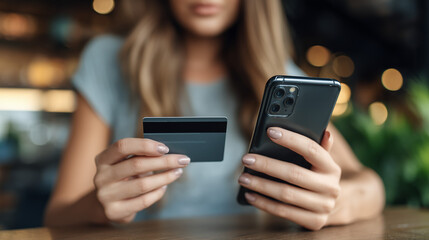 Woman making online payment using smartphone and credit card