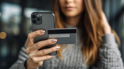 Woman paying with credit card on mobile phone