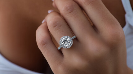 Woman's hand wearing sparkling diamond engagement ring