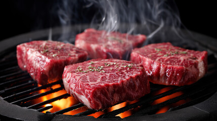 Thick beef steaks grilling over open flames