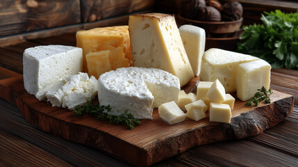 Variety of delicious cheeses artfully arranged on rustic board