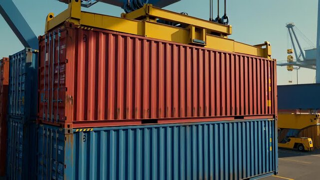 Industrial yellow crane spreader hoisting a red shipping container over blue cargo stacks in a sunny port, illustrating global logistics and supply chain commerce