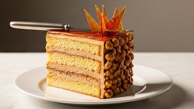 Exquisite Dobos Torte Slice with Hazelnut Coating and Caramel Garnish