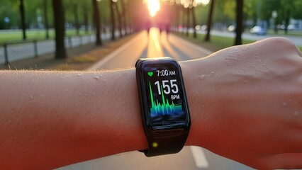 Fitness tracker on wrist showing heart rate during outdoor exercise